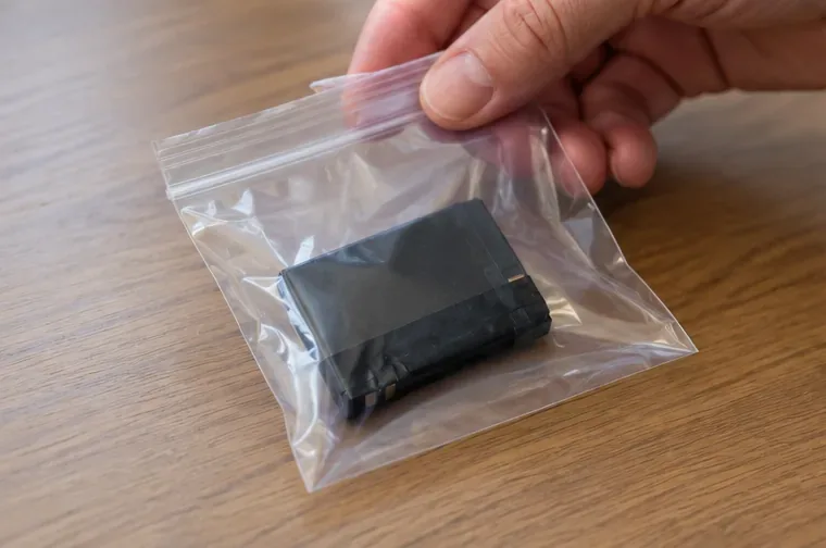 Petite batterie au lithium placée seule dans un sachet plastique transparent refermable