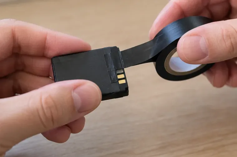 Deux mains appliquent du ruban adhésif noir sur les contacts métalliques d'une petite batterie au lithium