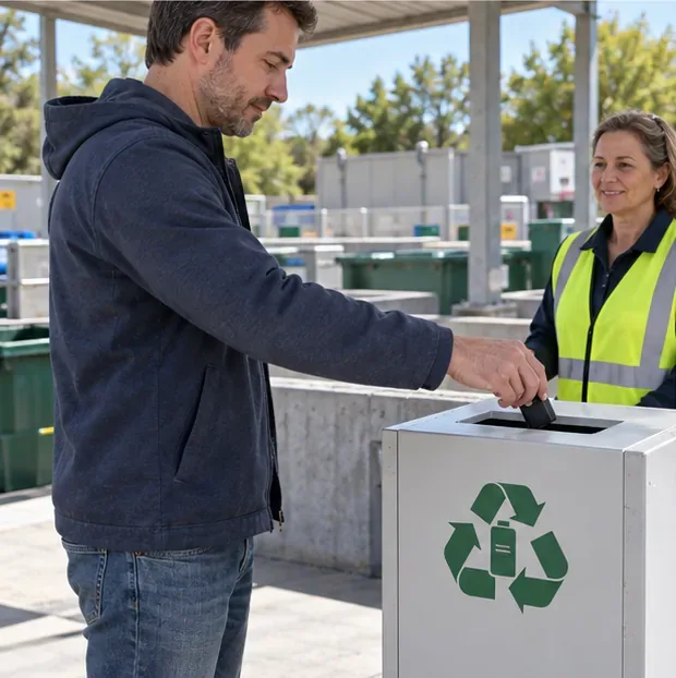 Une personne dépose une petite batterie dans un point de collecte en déchèterie.