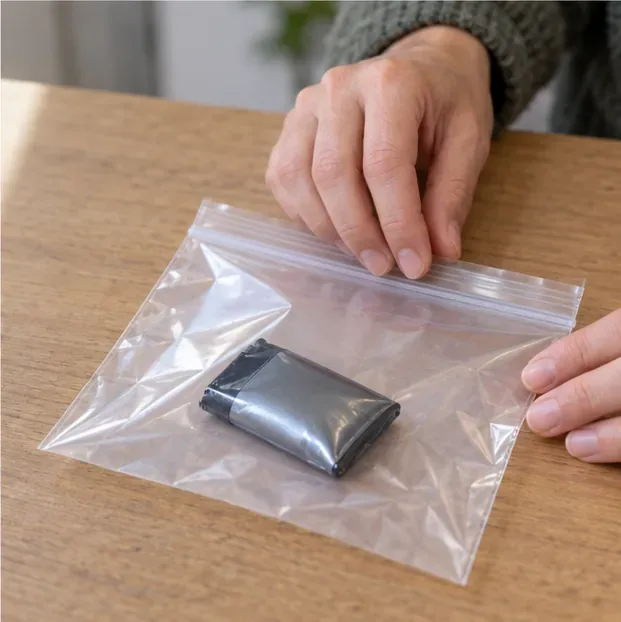 Une batterie légèrement gonflée est placée seule dans un sachet plastique transparent fermé.
