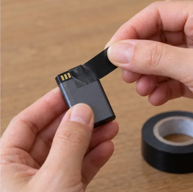 Du ruban isolant couvre les contacts métalliques d’une batterie amovible.