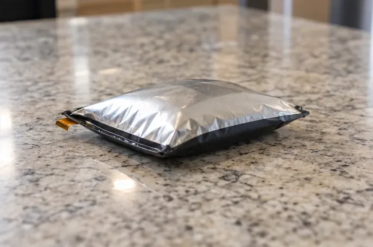 Une batterie lithium gonflée est posée sans être touchée sur un plan de travail dégagé, loin d’autres objets.