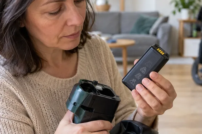 Une personne tient une batterie amovible intacte près de l’appareil dont elle provient, pour en vérifier le type.