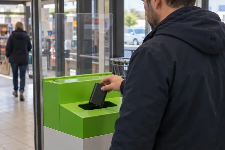 Une personne dépose une petite batterie externe intacte dans un bac de collecte en magasin.
