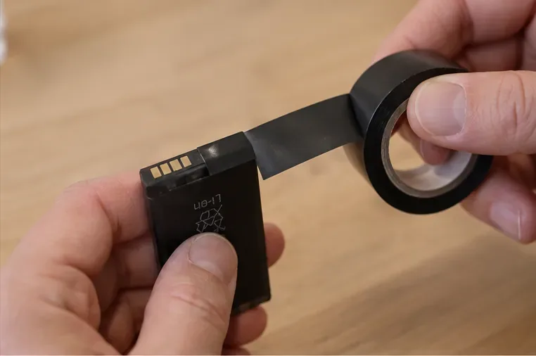 Des mains appliquent un ruban isolant noir sur les contacts métalliques d’une petite batterie lithium