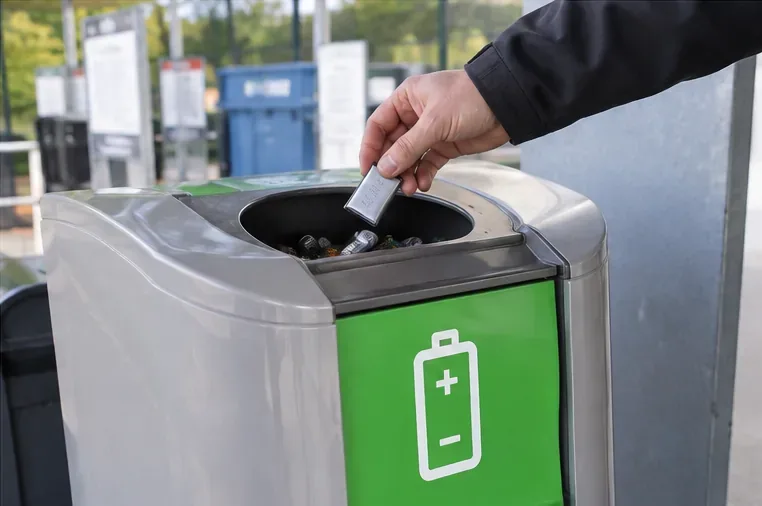 Une personne dépose une petite batterie dans un conteneur public de collecte dédié aux batteries