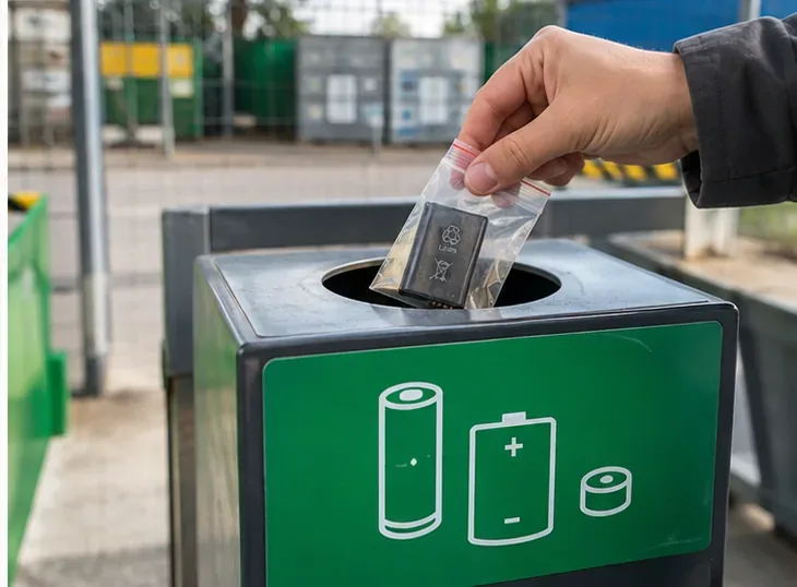 Main déposant une petite batterie lithium-ion emballée dans un conteneur vert portant des pictogrammes de piles et batteries.