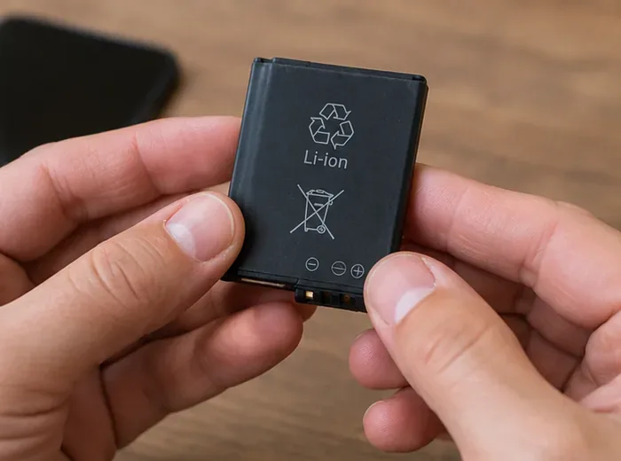 Petite batterie lithium-ion noire tenue entre deux mains, avec le marquage Li-ion et le symbole de poubelle barrée visibles.