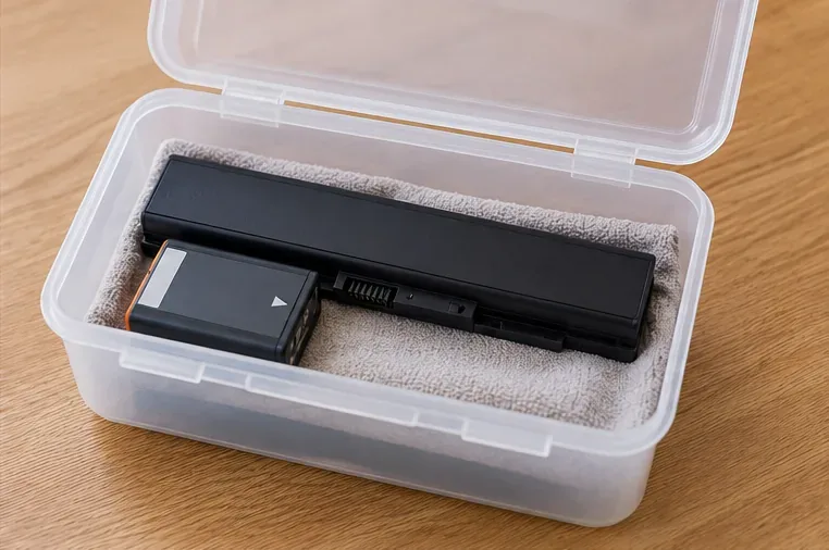 Deux batteries posées séparément dans une boîte rigide garnie d’un tissu de protection