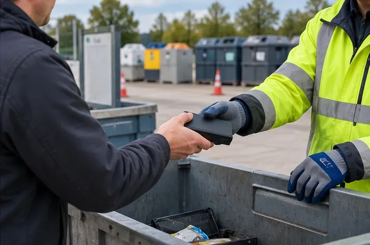 Usager remettant une batterie à un agent équipé de gants dans une zone de déchèterie