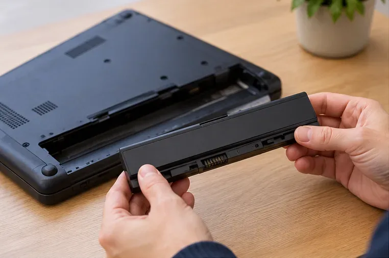 Batterie amovible tenue devant le logement prévu sous un ordinateur portable