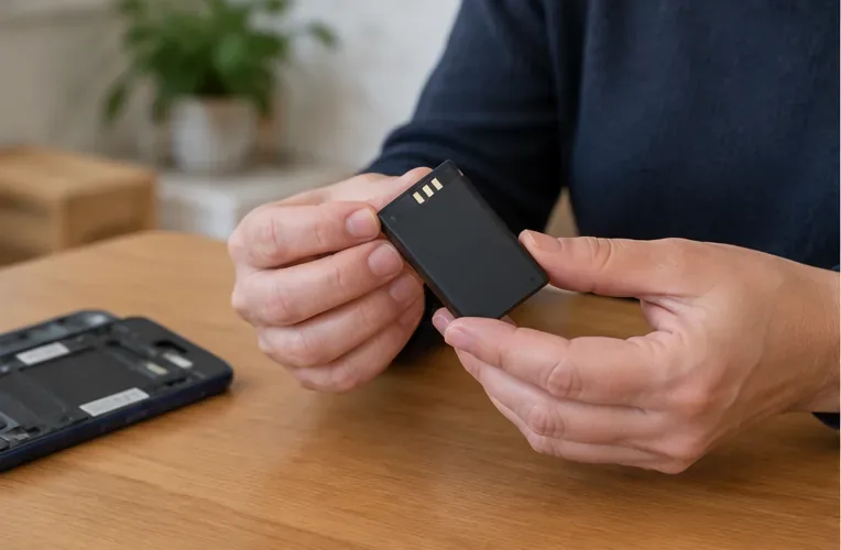 Une petite batterie lithium amovible tenue à la main à côté d'un ancien téléphone ouvert