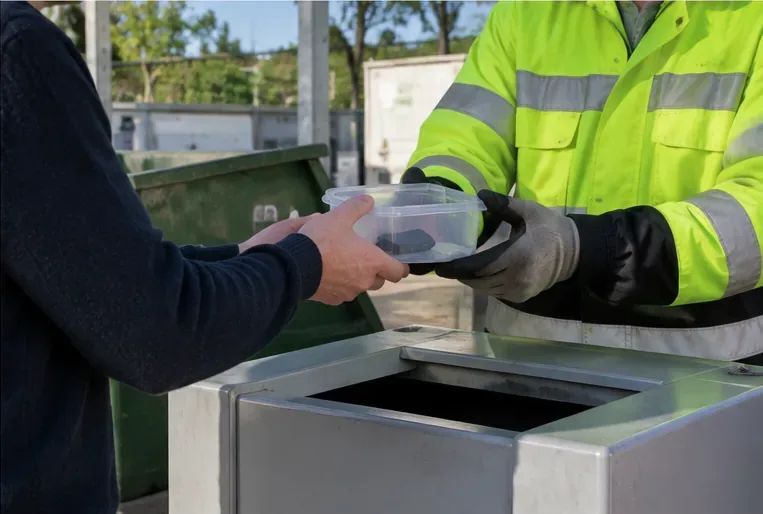 Une personne remet un contenant avec une petite batterie à un agent de déchèterie portant une veste haute visibilité