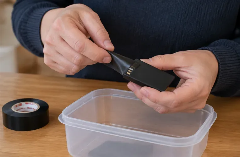 Les contacts métalliques d'une petite batterie lithium sont recouverts avec du ruban adhésif isolant