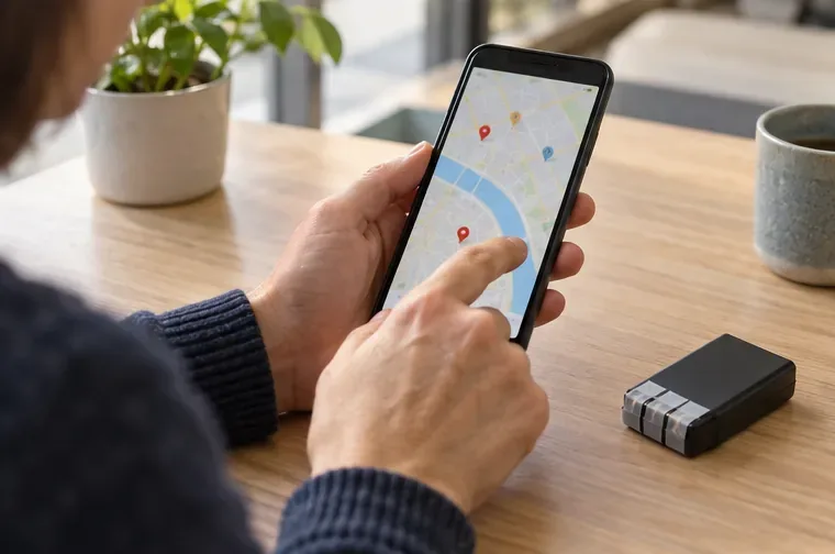 Une personne consulte une carte sur son téléphone, une batterie posée à côté