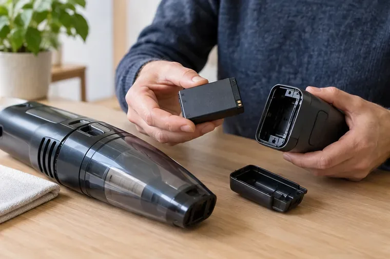 Une personne tient la batterie amovible d’un petit appareil près de son logement ouvert