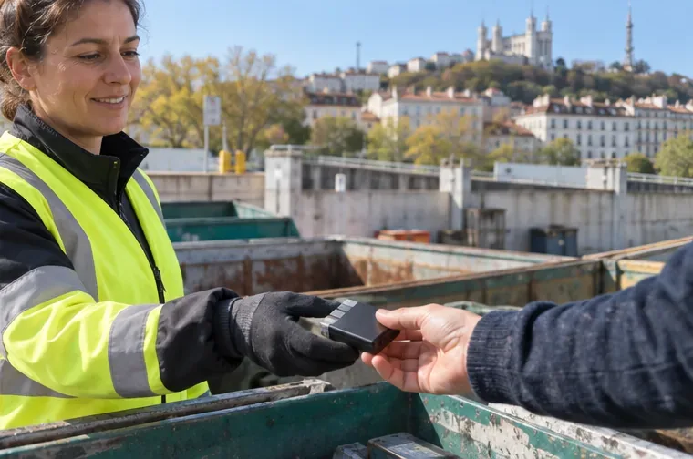 Une personne remet une petite batterie à une agente portant un gilet de sécurité dans une zone de collecte