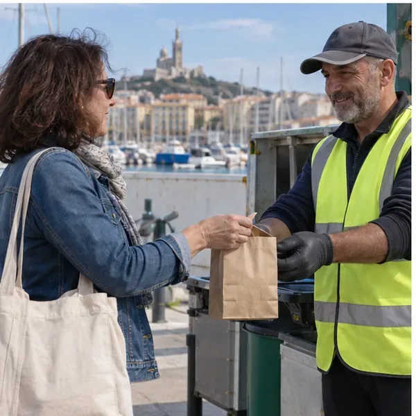 Habitante de Marseille remettant un sac en papier à un agent d’un point de collecte mobile près du Vieux-Port
