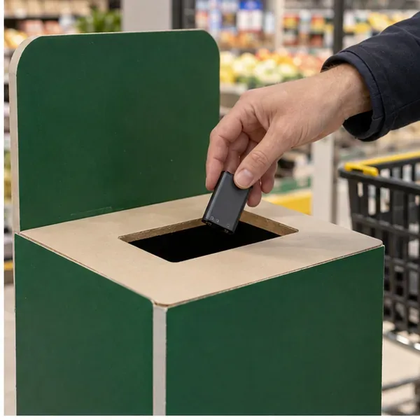 Main déposant une petite batterie lithium dans un bac de collecte dédié en magasin