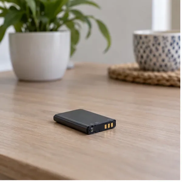 Petite batterie lithium rechargeable intacte posée seule sur une table sèche