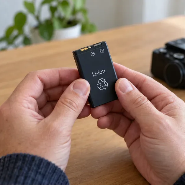 Une personne tient une batterie amovible portant la mention Li-ion afin d’en vérifier l’identification et l’état.