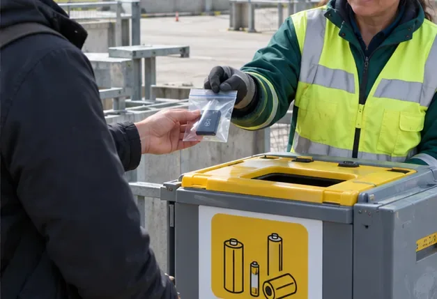 Un particulier tend une batterie protégée à un agent devant un conteneur de collecte.