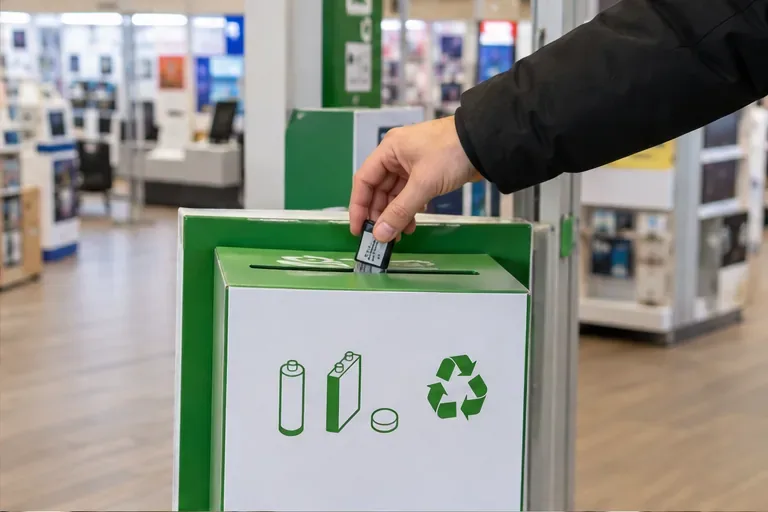 Une main dépose une petite batterie portable intacte dans un bac de collecte pour batteries, dans un magasin.