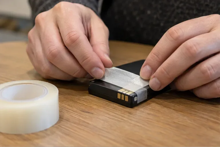 Des mains posent un ruban isolant sur les contacts métalliques d’une petite batterie lithium intacte.