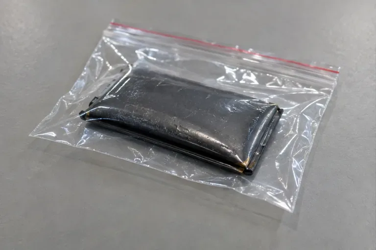 Une batterie de téléphone légèrement gonflée repose seule dans un sac plastique transparent fermé.