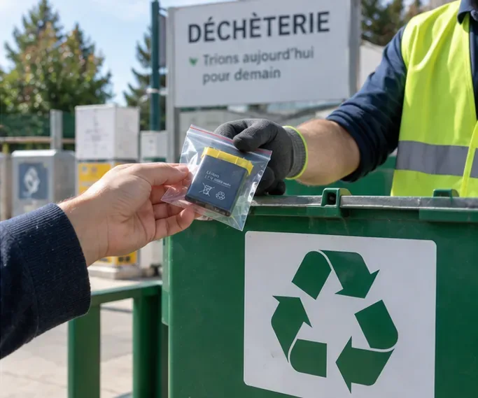 Batterie lithium emballée remise à un agent dans une déchèterie