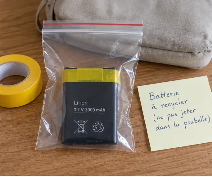 Batterie lithium avec contacts isolés par du ruban placée dans un sachet transparent