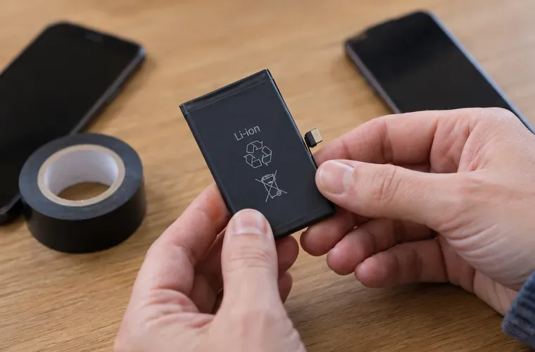 Une personne examine une petite batterie lithium amovible sur une table avant de la préparer pour le recyclage à Nîmes