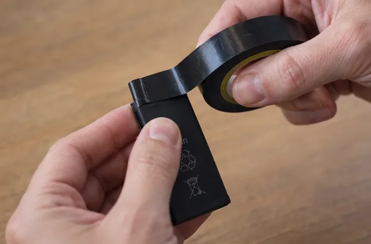 Des mains recouvrent le connecteur d’une batterie lithium avec un ruban isolant noir