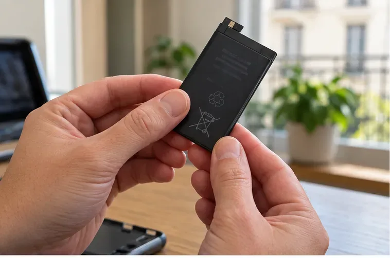 Une personne examine une petite batterie lithium retirée d’un appareil sur une table, avant de préparer son recyclage