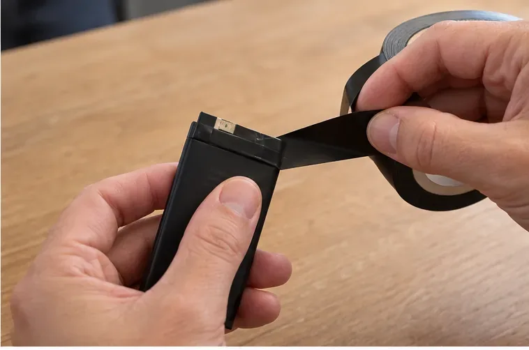 Des mains recouvrent les connecteurs d’une petite batterie lithium avec du ruban isolant noir