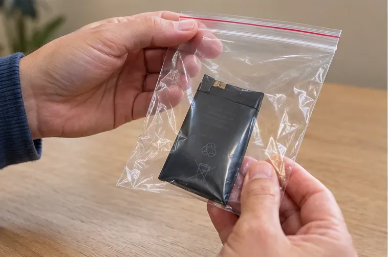 Une petite batterie lithium est placée seule dans un sachet plastique transparent à fermeture zip