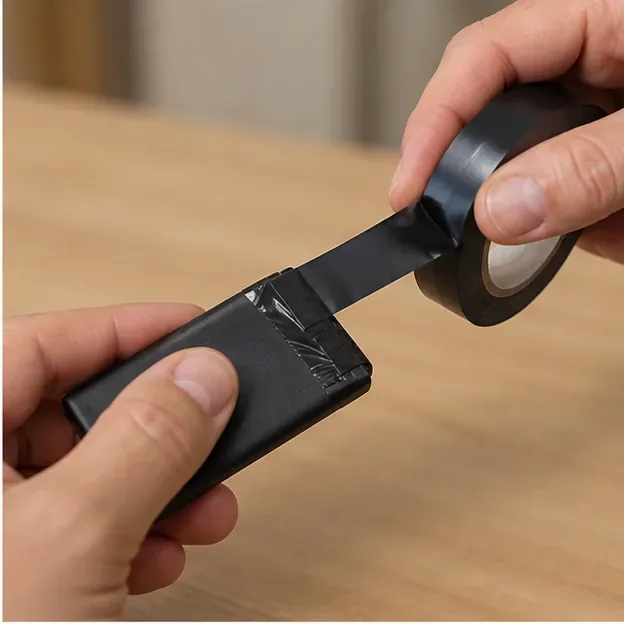 Main posant du ruban adhésif sur les contacts d’une petite batterie lithium afin de limiter le risque de court-circuit