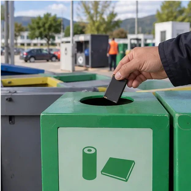 Personne déposant une petite batterie usagée dans une borne de collecte dédiée aux piles et batteries dans un centre de recyclage