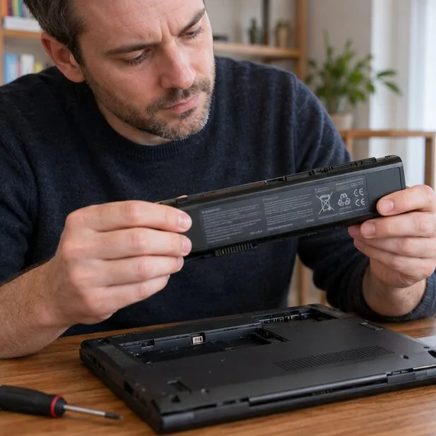 Une personne examine la batterie amovible d’un ordinateur portable avant de choisir son point de collecte