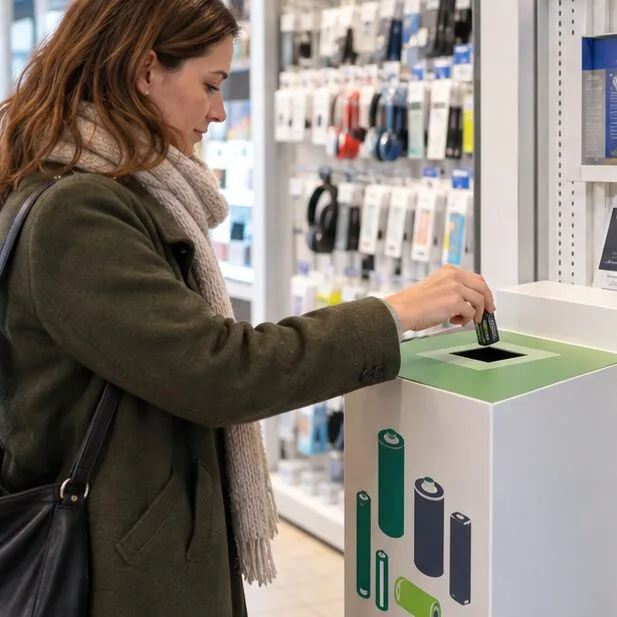 Une cliente dépose une petite batterie dans une boîte de collecte dédiée en magasin