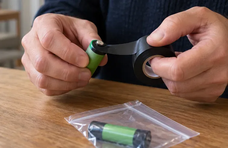 Des mains posent un ruban isolant sur la borne d’un accumulateur cylindrique, avec un sachet transparent posé à proximité.