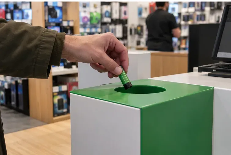 Une main dépose un accumulateur cylindrique dans une boîte de collecte verte installée dans un magasin.