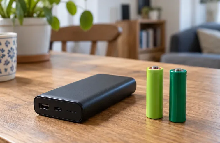 Une batterie externe noire et deux accumulateurs cylindriques intacts posés sur une table en bois.