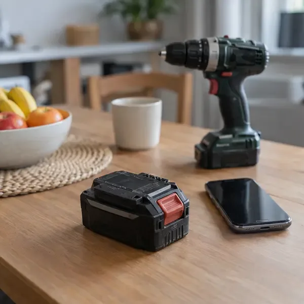 Batterie lithium amovible posée à côté d’un téléphone et d’une perceuse sans fil sur une table