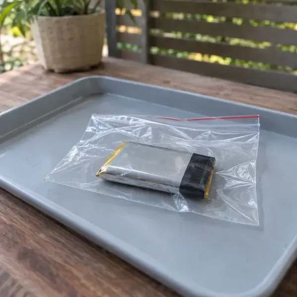 Batterie légèrement gonflée et intacte placée dans un sac transparent fermé sur un plateau non métallique