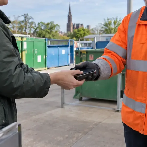 Habitant remettant un appareil contenant une batterie à un agent en gilet orange dans une déchèterie