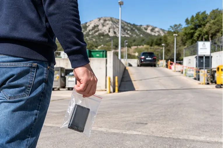 Personne transportant une petite batterie au lithium emballée dans un sac transparent vers un site de collecte