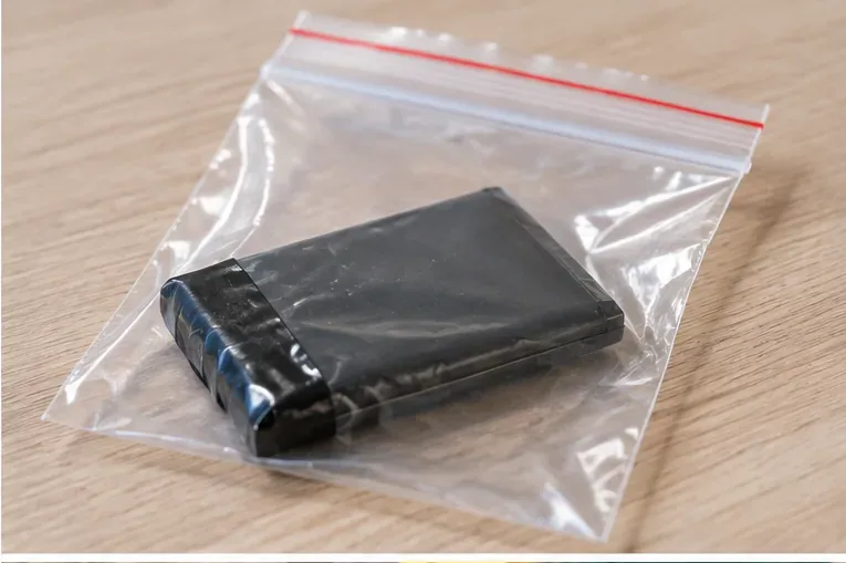 Batterie au lithium dont les connectiques sont isolées, placée seule dans un sac plastique transparent fermé