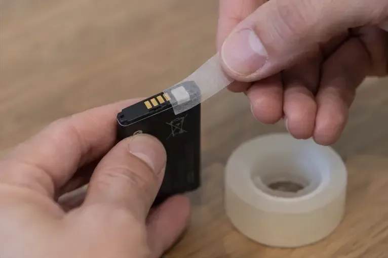 Gros plan sur les contacts métalliques d’une batterie lithium-ion recouverts d’un ruban adhésif isolant