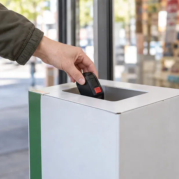 Une batterie rechargeable est déposée dans un contenant dédié à la collecte des batteries en magasin.